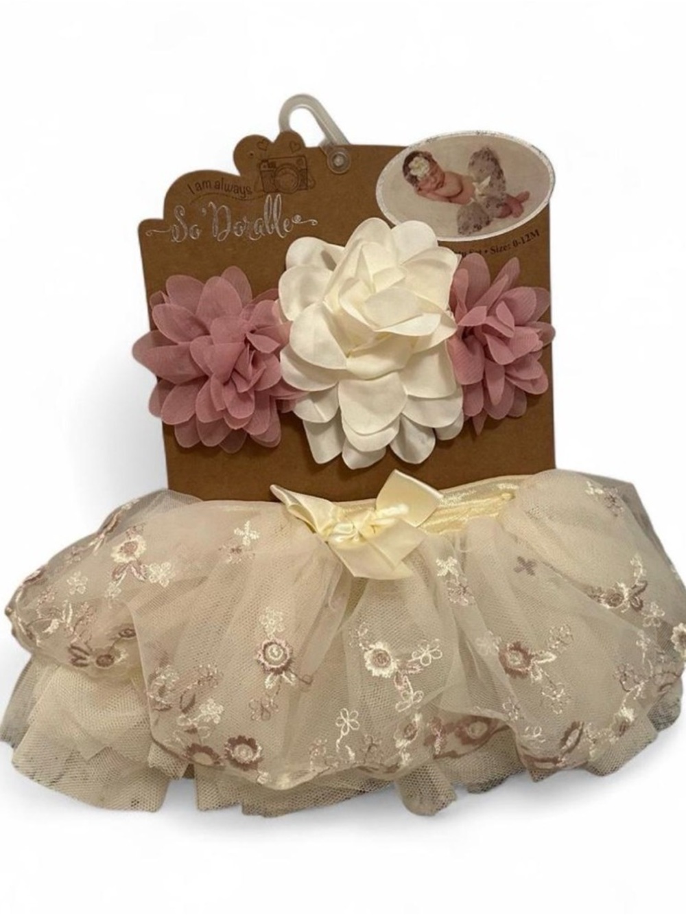 NWT So ‘Dorable Cream & Pink Baby Tutu & Flower Headband Set One Size 0-12 month